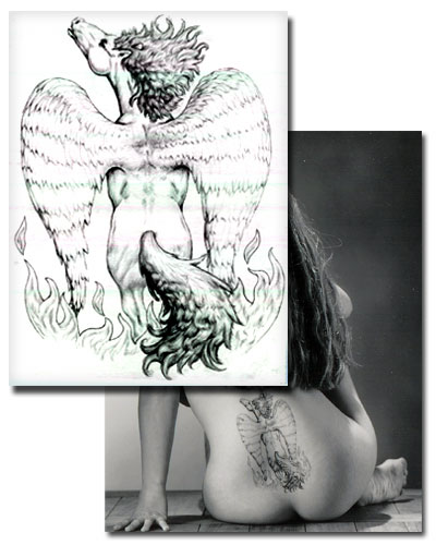 Freedom Tattoo. An illustration of a Pegasus leaping from flames, 